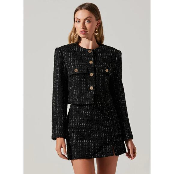 ASTR The Label Covina Tweed Cropped Jacket Black Gold Button XL - Picture 1 of 13